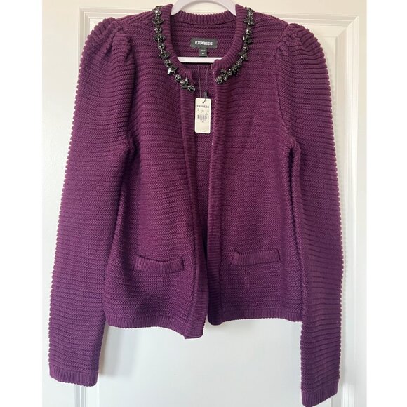 NWT EXPRESS PURPLE JEWELED NECK TRIM SWEATER JACKET SZ XS - Picture 1 of 9